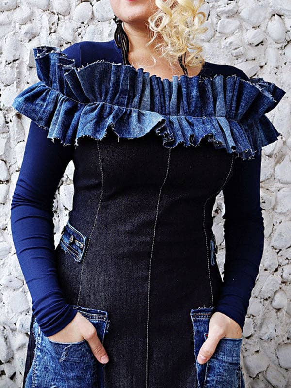 BLEU Robe maxi en jean à manches longues, coupe évasée, poches, empiècements et volants en vente sur Faire3