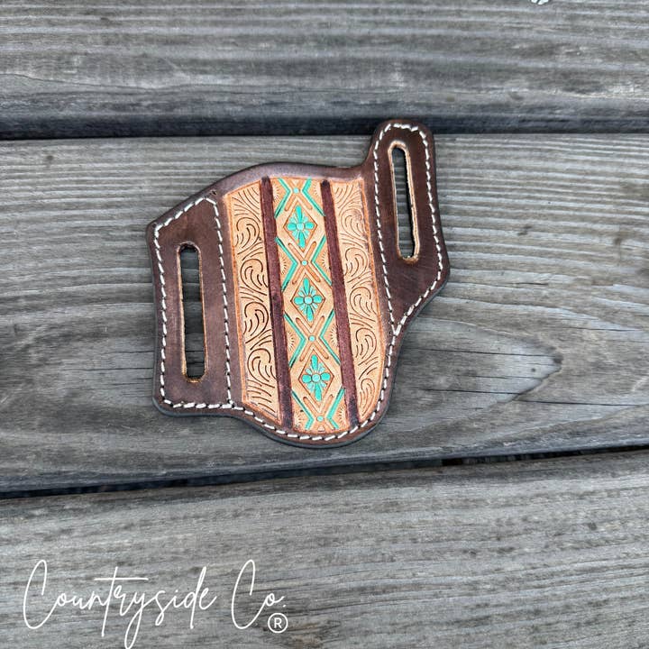 Countryside Co. - Wholesale Pocket Knife/Holder - Aztec Tooled Leather Sheath4