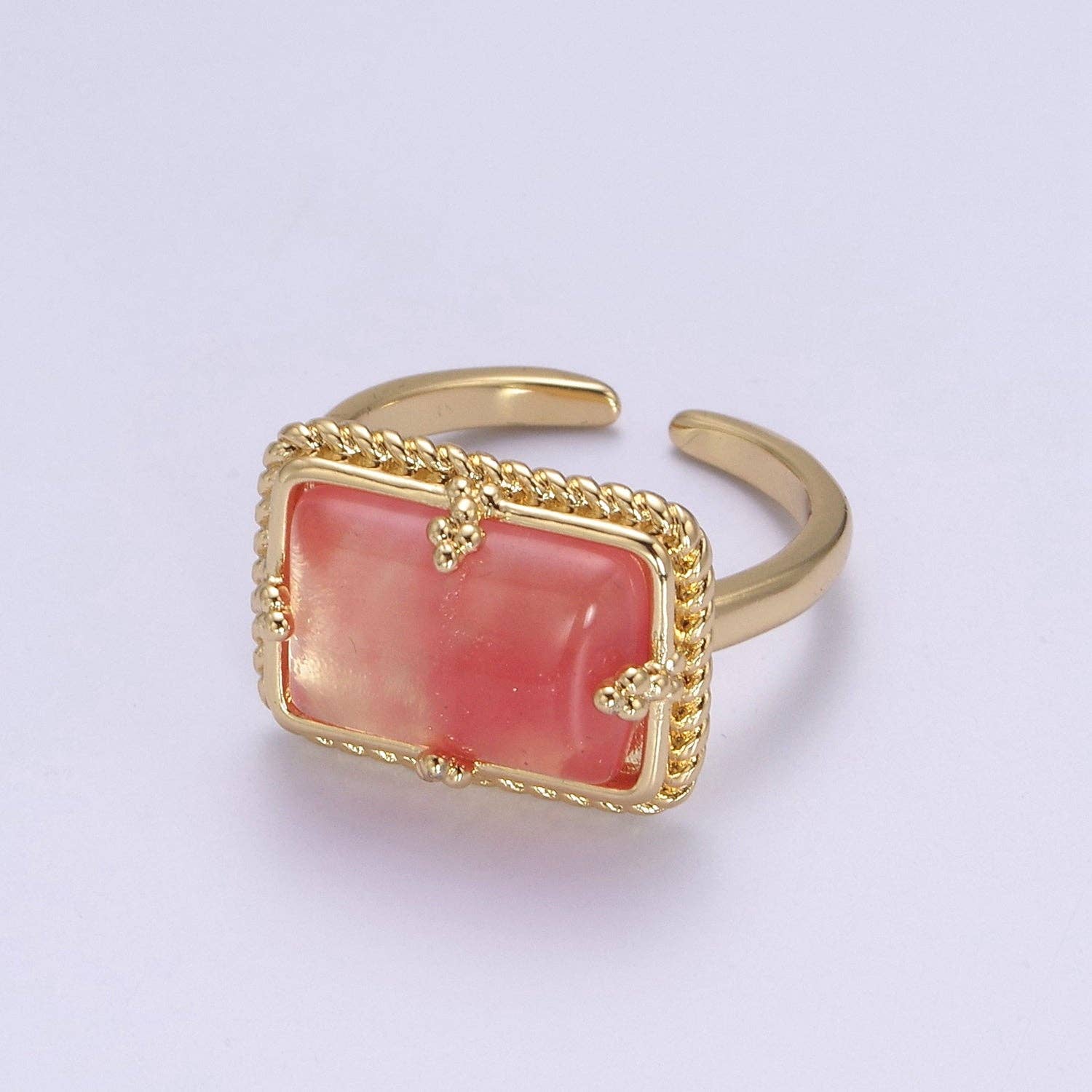 Aim Eternal - Wholesale Cocktail/Statement Ring - 24K Gold Filled Gold Watermelon Pink Rectangular Gemstone Ring, Chunky Statement Ring | U453
