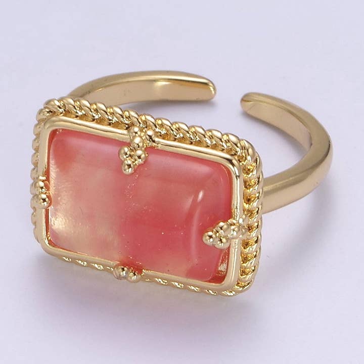 Aim Eternal - Wholesale Cocktail/Statement Ring - 24K Gold Filled Gold Watermelon Pink Rectangular Gemstone Ring, Chunky Statement Ring | U4530