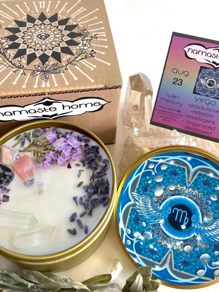 Jomfruen Crystal Candle, Stjernetegn Lys m/Ædelstene + Urter for engroshandel hos Namaste Home