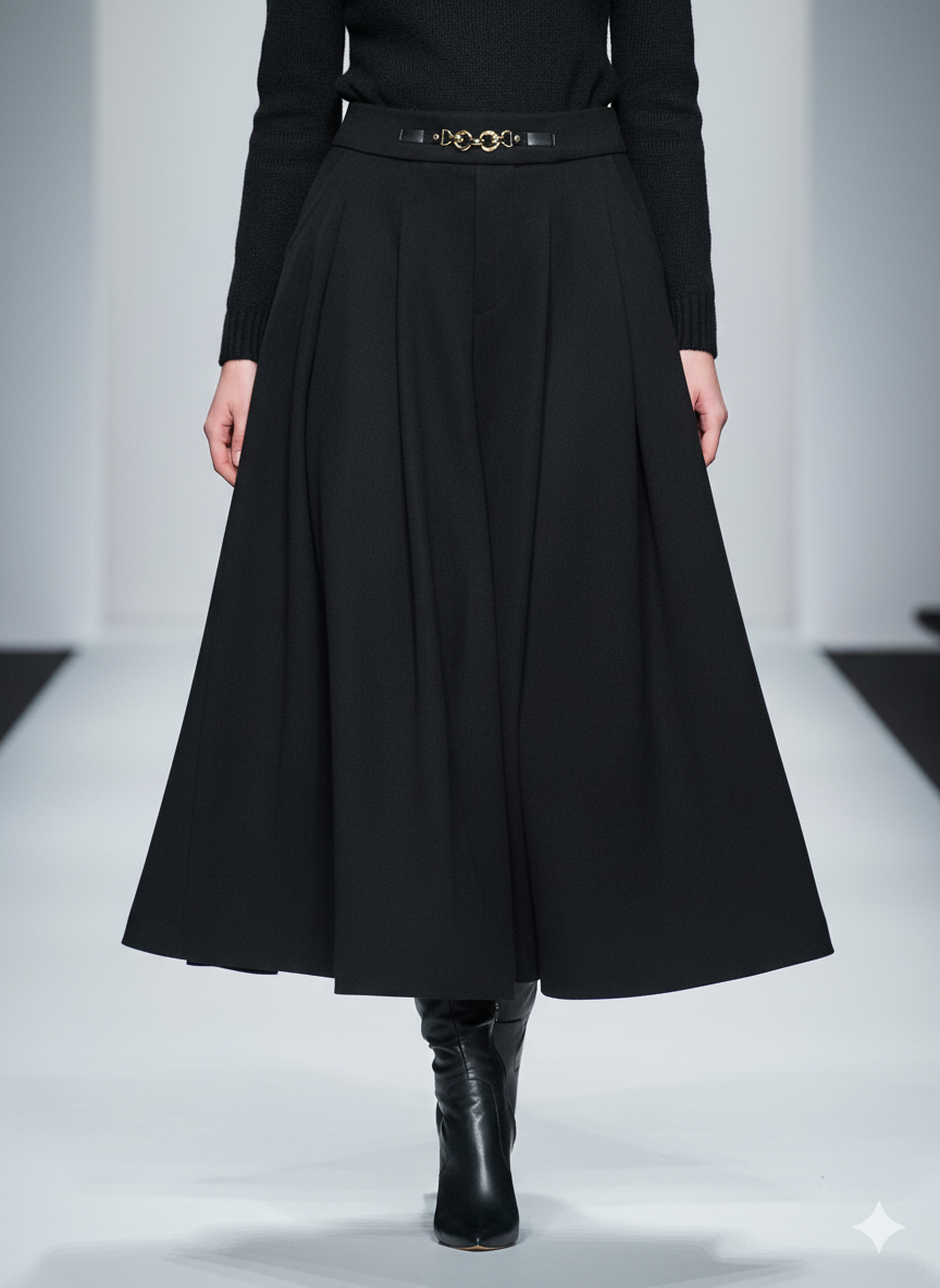 Black A-Line Skirt Wool Look Pleated Midi for wholesale on Faire1