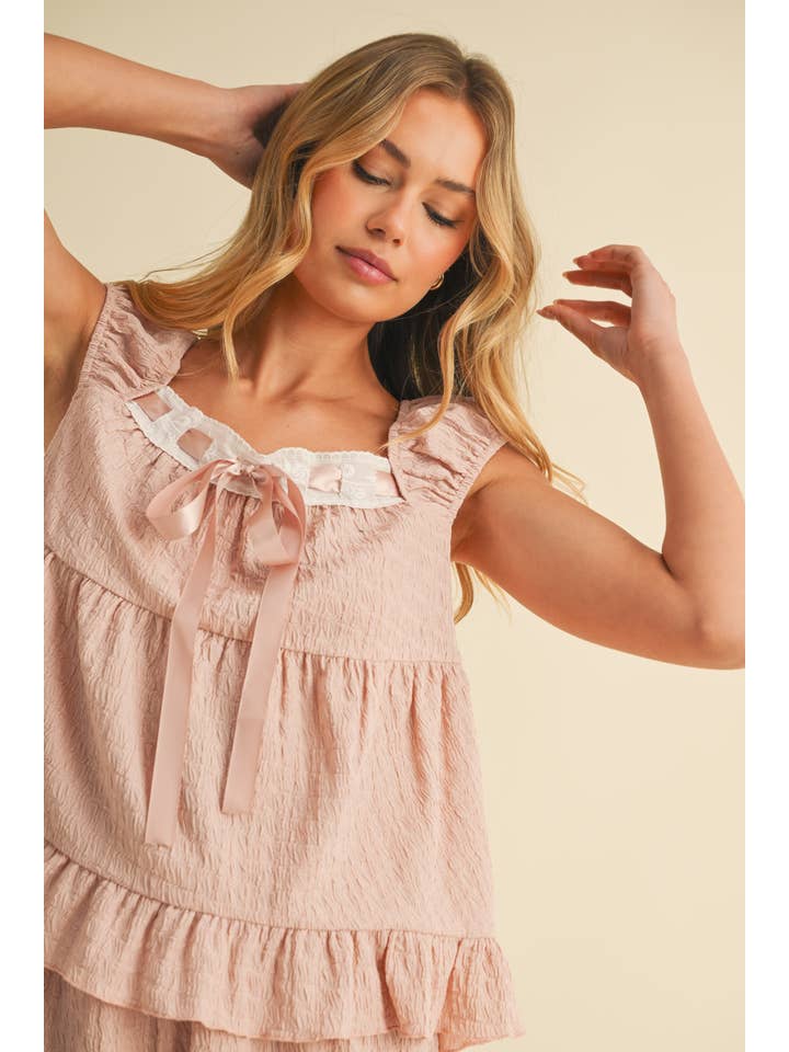 Klesis - Wholesale Lounge Set - Women's - IST5888 CONTRAST RIBBON RUFFLED HEM TOP AND SHORTS SET5