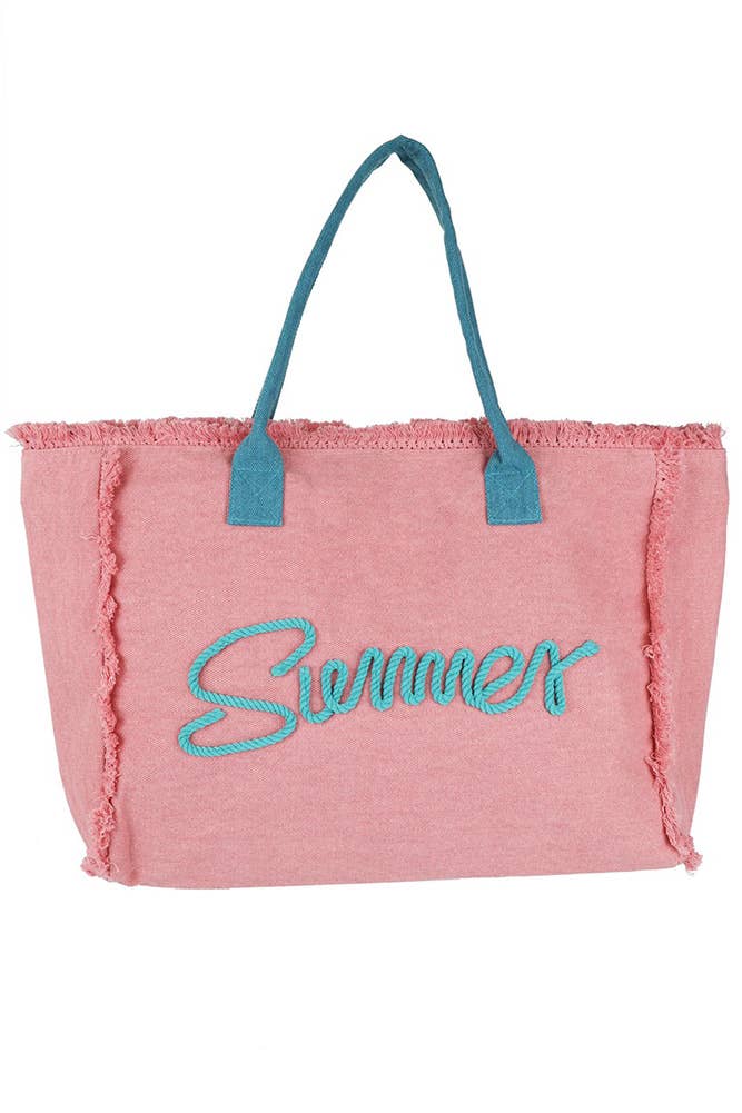 Hana – Saco de praia por atacado – Bolsa de lona amarela com franjas, corda costurada e palavra 'Summer'1