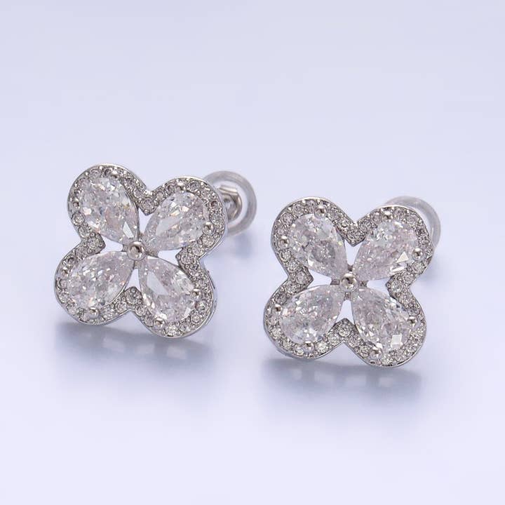 Aim Eternal - Wholesale Stud/Post Earrings - Dainty Gold Cubic Zirconia Clover Stud Earring 1