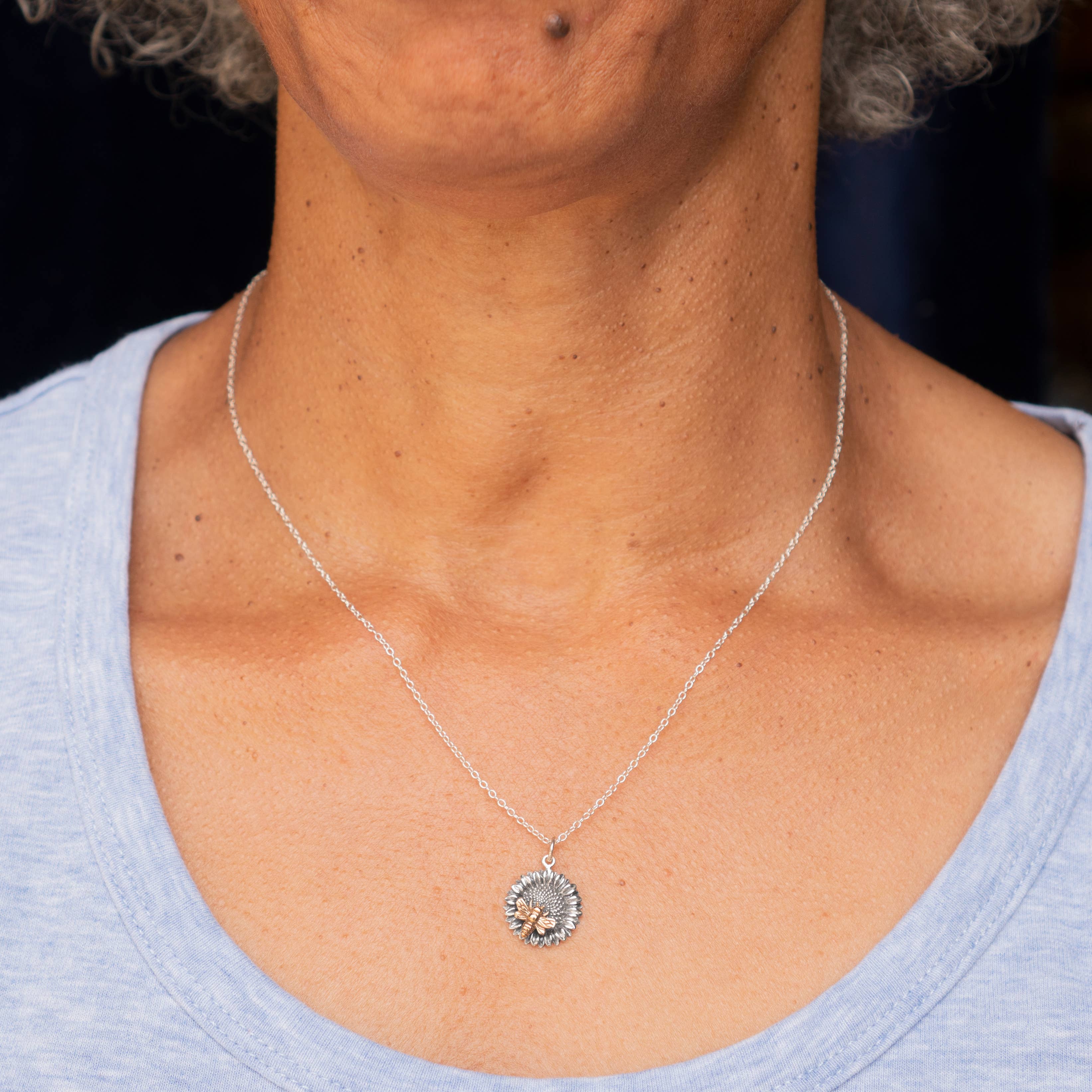 Nina Designs - Wholesale Pendant/Charm Necklace - Sterling Silver Sunflower Necklace with Bronze Bee1