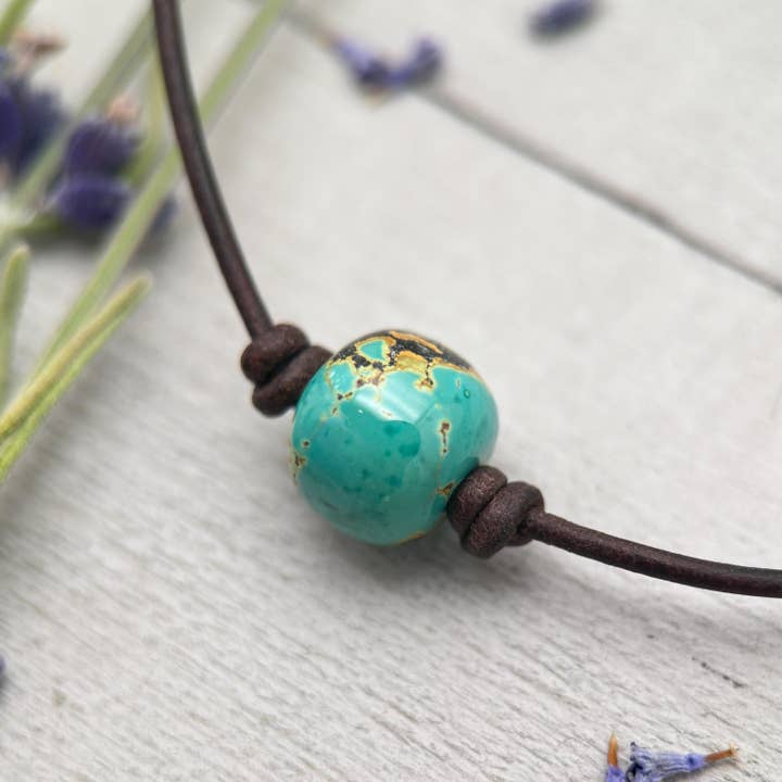 Natural Polychrome Turquoise and Rustic Leather Choker Necklace – December Birthstone - Unisex Handmade in USA for wholesale by Sunlight Silver Jewelry