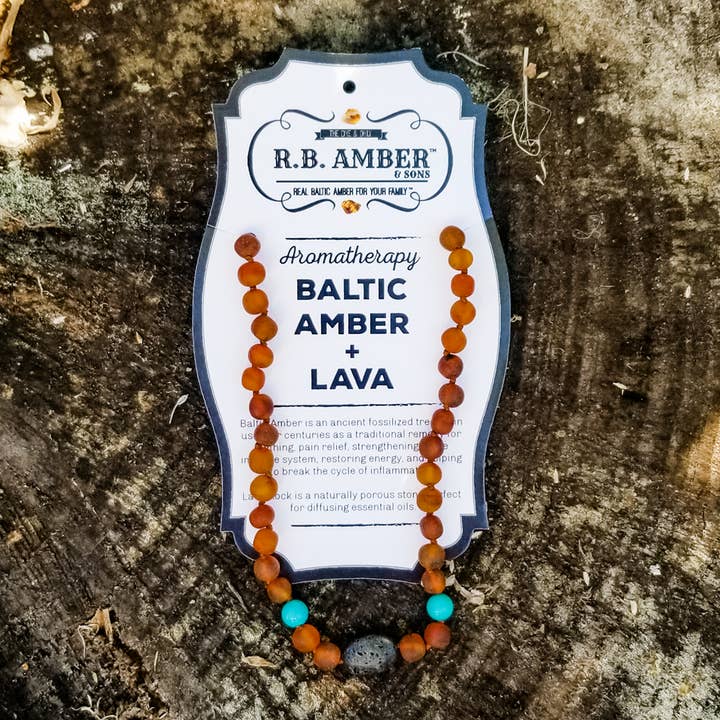 R.B. Amber Jewelry - Wholesale Pendant/charm necklace - Turquoise + Raw Cognac Aromatherapy Pendant Necklace3