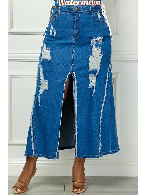 Regular High Waisted Distressed Front Slit Denim Skirt for wholesale on Faire