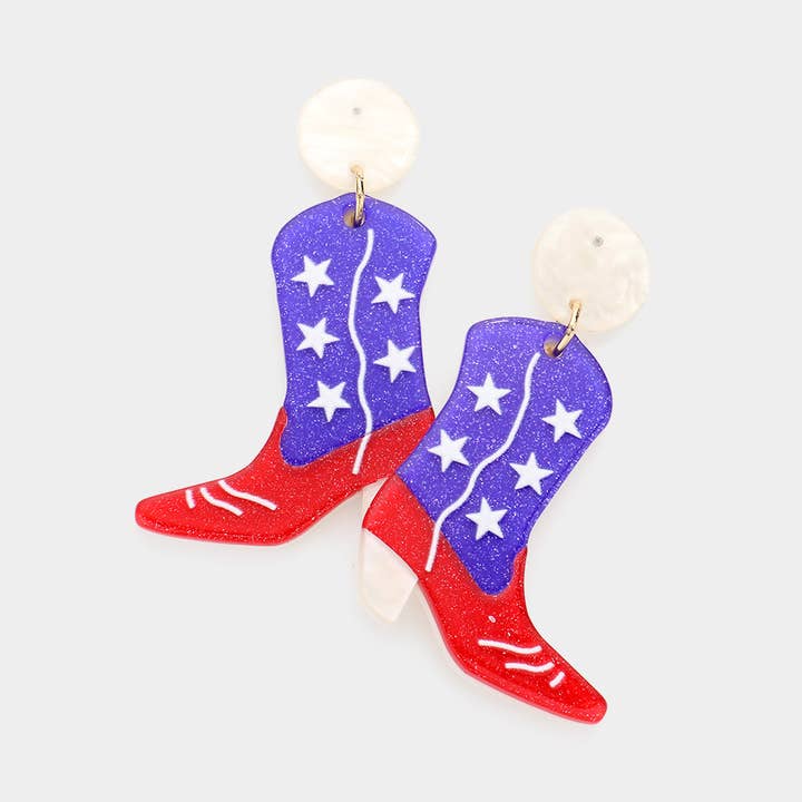 Sensibling Corp. - Wholesale Dangle Earrings - American USA Flag Glittered Western Boots Dangle Earrings