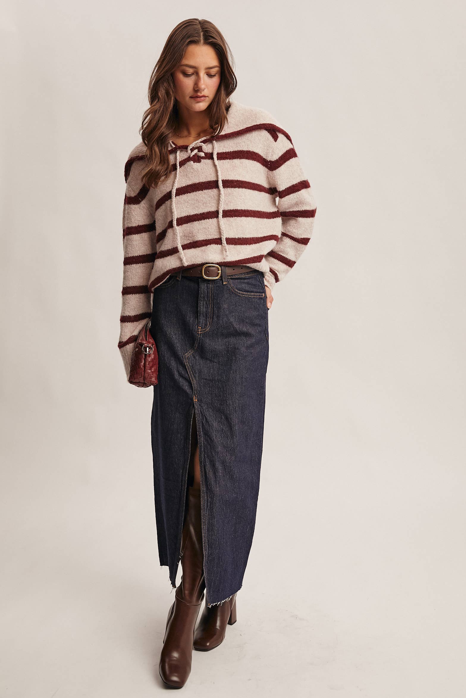 Forte - Vendita all'ingrosso Maglione tricot - Donna - Maglione a Maglia con Colletto da Marinaio a Righe FSW00129