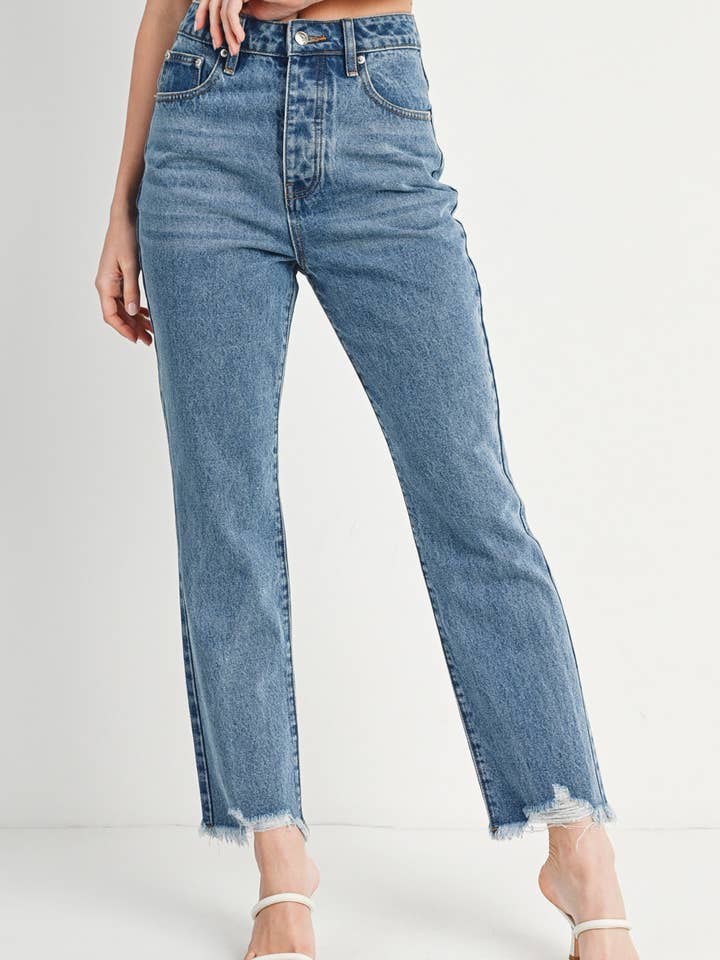 HIGH RISE STRAIGHT LEG DISTRESSED RAW HEM JEANS for wholesale by Bluivy