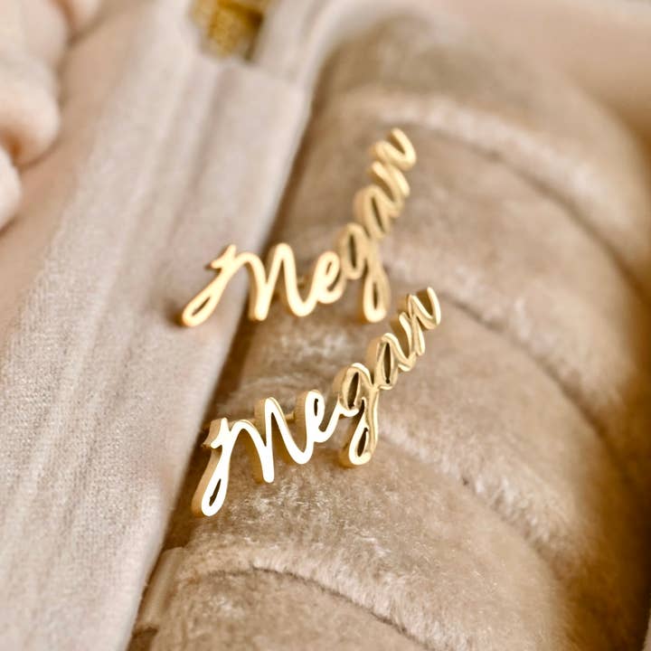 Custom Name Earrings- 18k Gold Personalized Name Studs for wholesale by Blueyejewelry