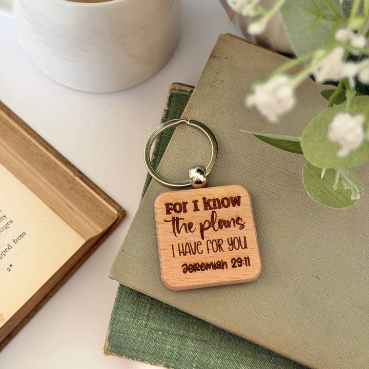 Christian wooden keyring - "For I know the plans" -Engraved for wholesale by Rose and Bumble