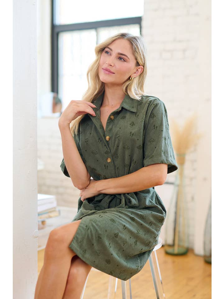 SM WARDROBE - Wholesale Dress - Women's - MUSHROOM PRINT CORDUROY SHIRT DRESS - GREEN14