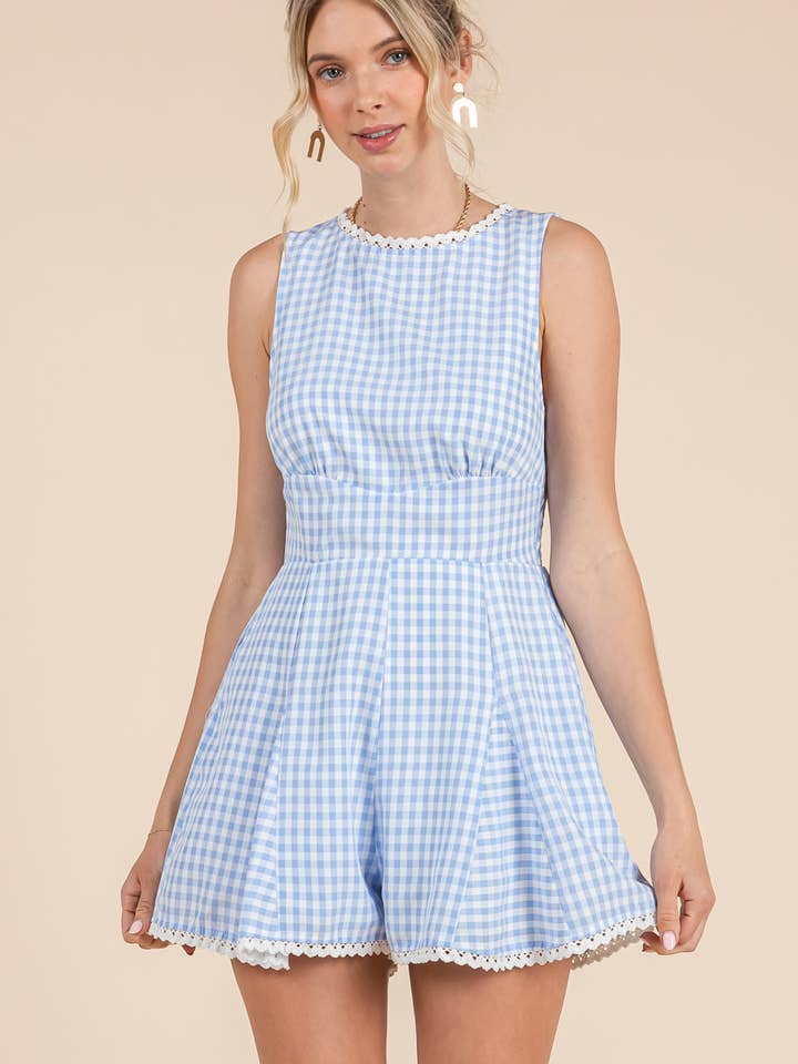 BABY PINK - Wholesale Romper - Women's - Gingham printed romper with lace trim detail