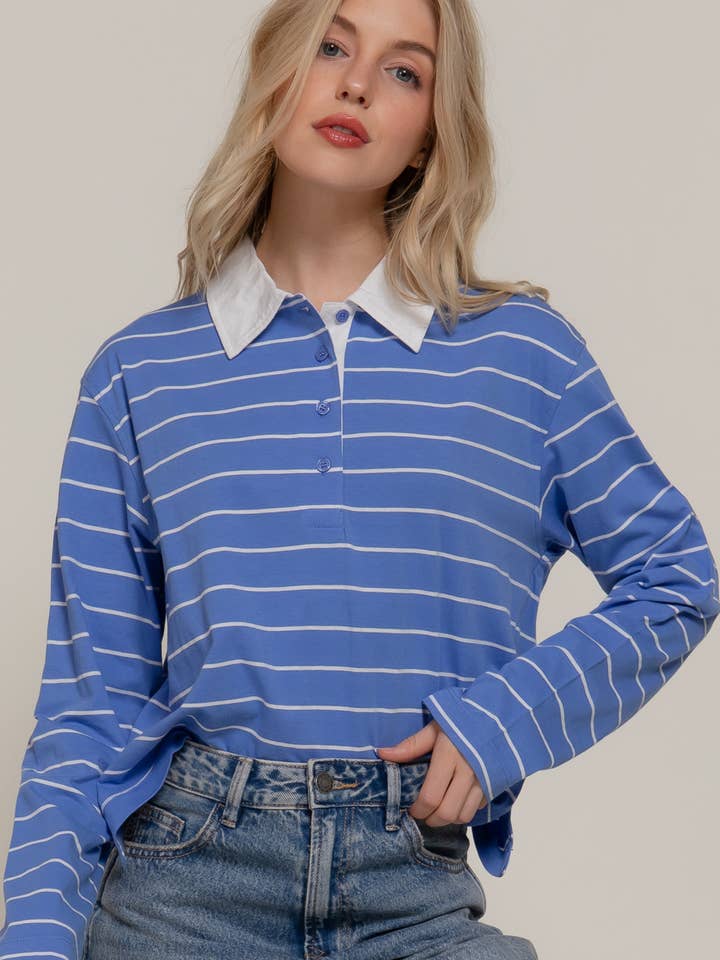 Polo a maniche lunghe in cotone a righe Y/D per la vendita all'ingrosso da parte di Active Basic | Active USA