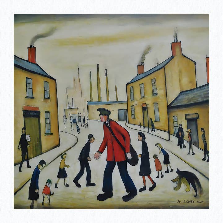 A Postman's Round Giclée Art Print 21cm Square. Lowry Style for wholesale by AI Lowry