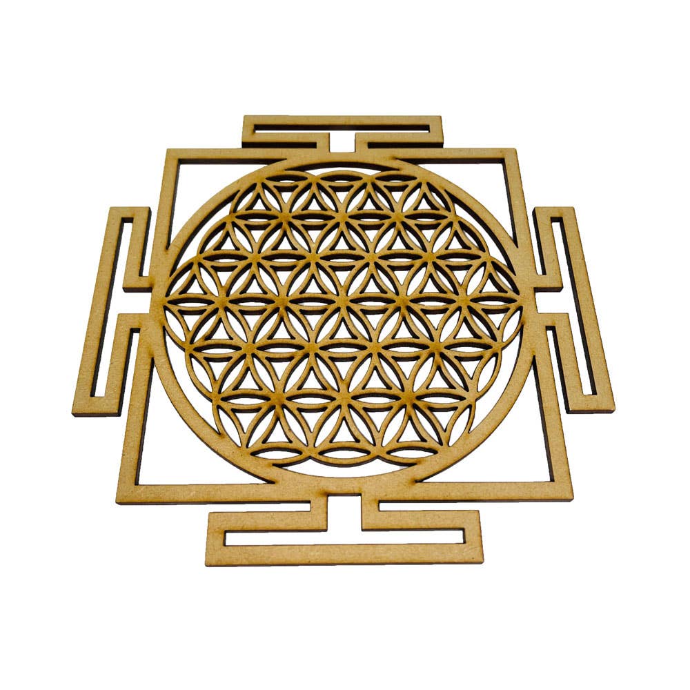 France Mineraux - Wholesale Plaque - Flower Of Life And Yantra Reloading Plate - Carved Wood
