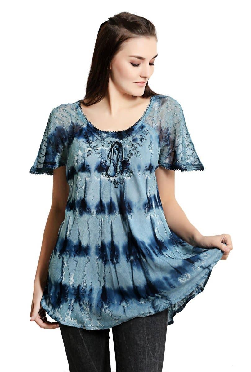 Advance Apparels - Wholesale Tunic - Women's - Waterfall Tie Dye Cap Sleeve Blouse 192073