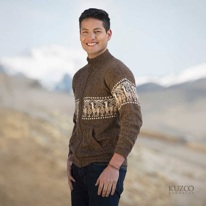 KuzcoHandmade - Wholesale Cardigan - Men's - Men's Alpaca Wool Zip Cardigan with Andean Pattern2