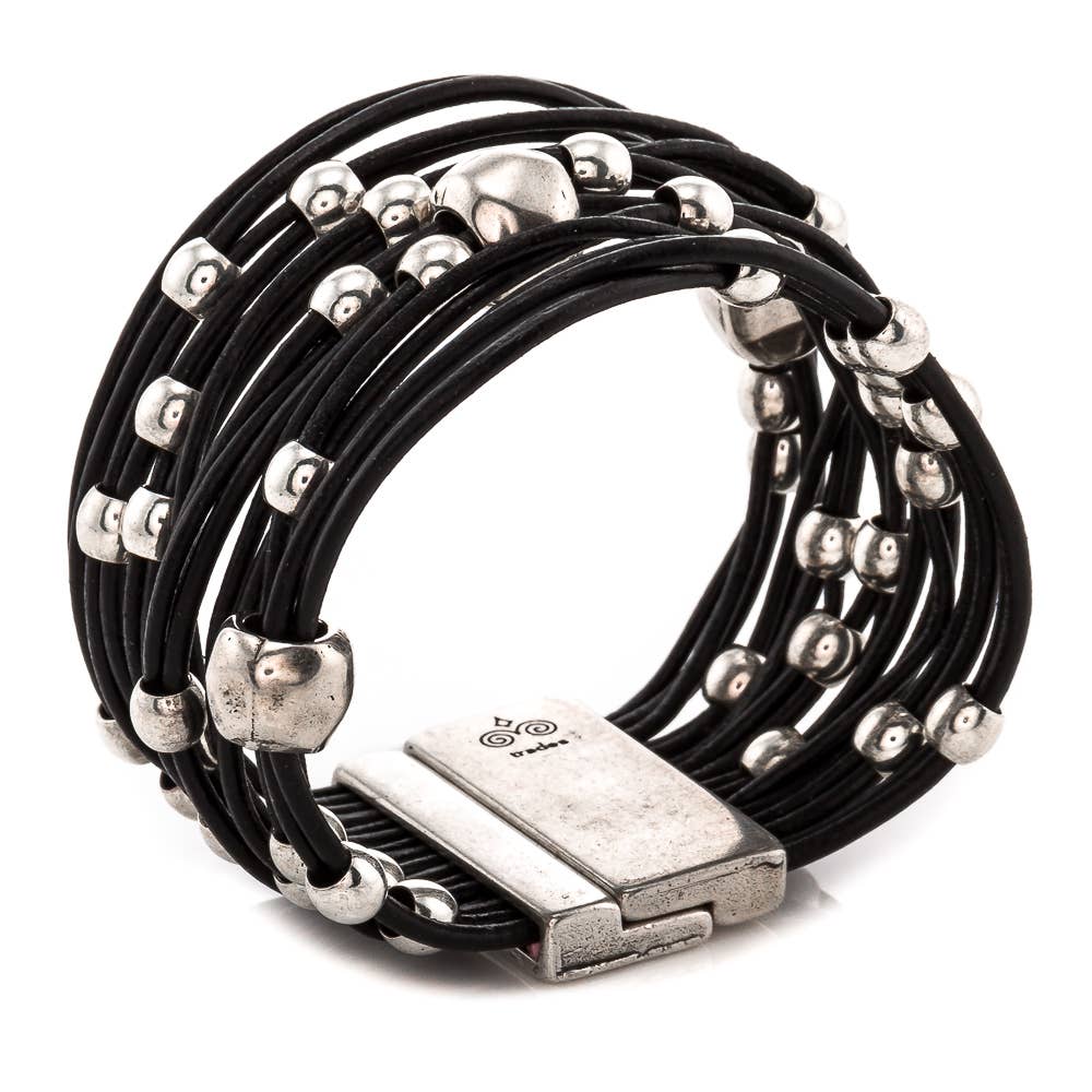 Trades by Haim Shahar - Wholesale Beaded Bracelet - Black Leather Wide Beaded Bracelet0