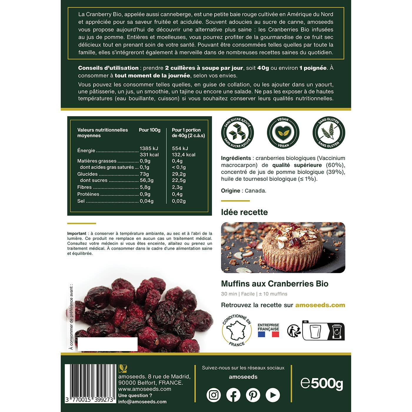 Amoseeds - Wholesale Dried/Dehydrated Fruit - Organic Whole Cranberries 500G4