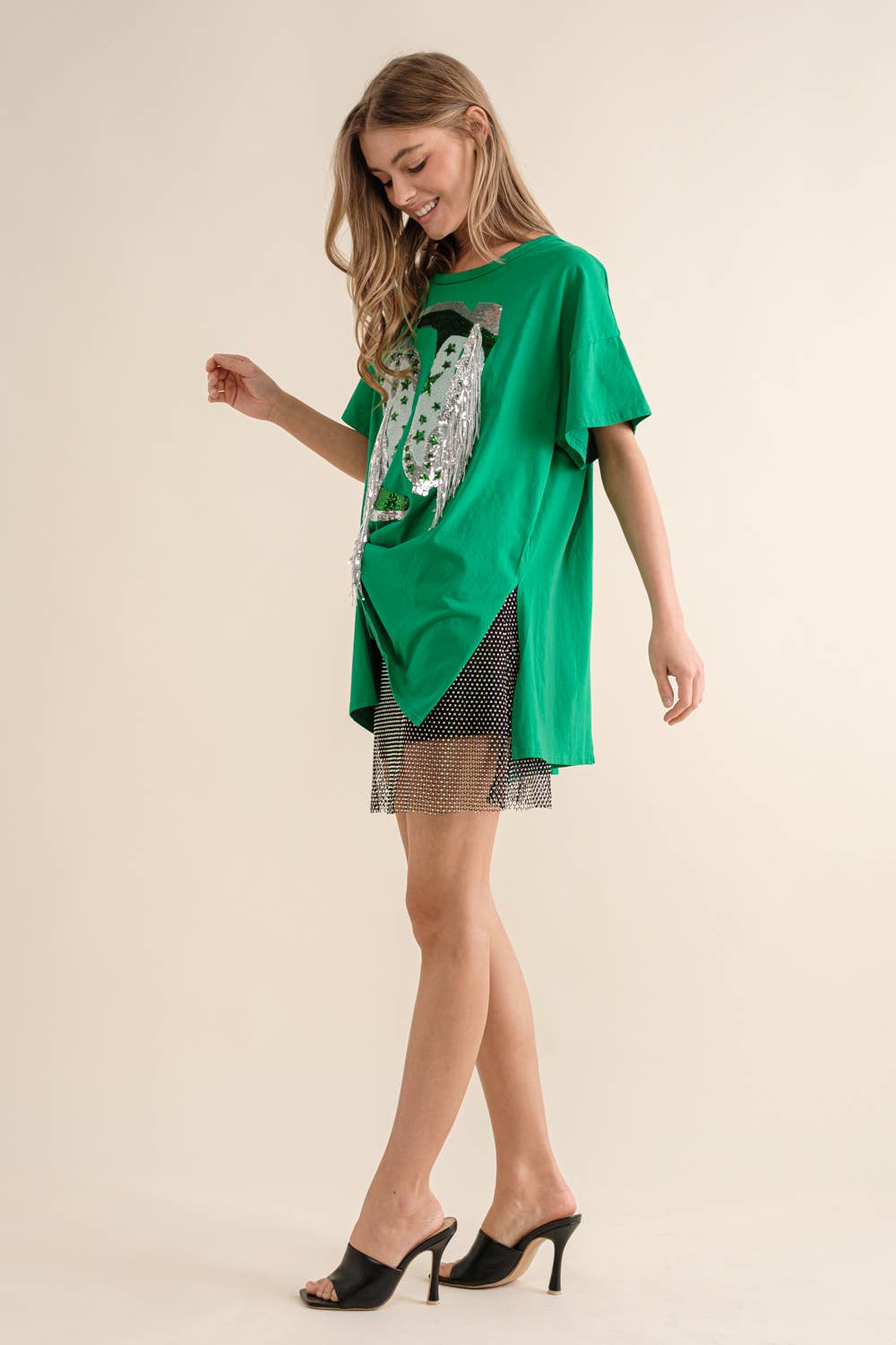 Blue B - Wholesale T-Shirt - Women's - 32487T - Cotton Sequin Western Boot Fringe Loose Side Tee18