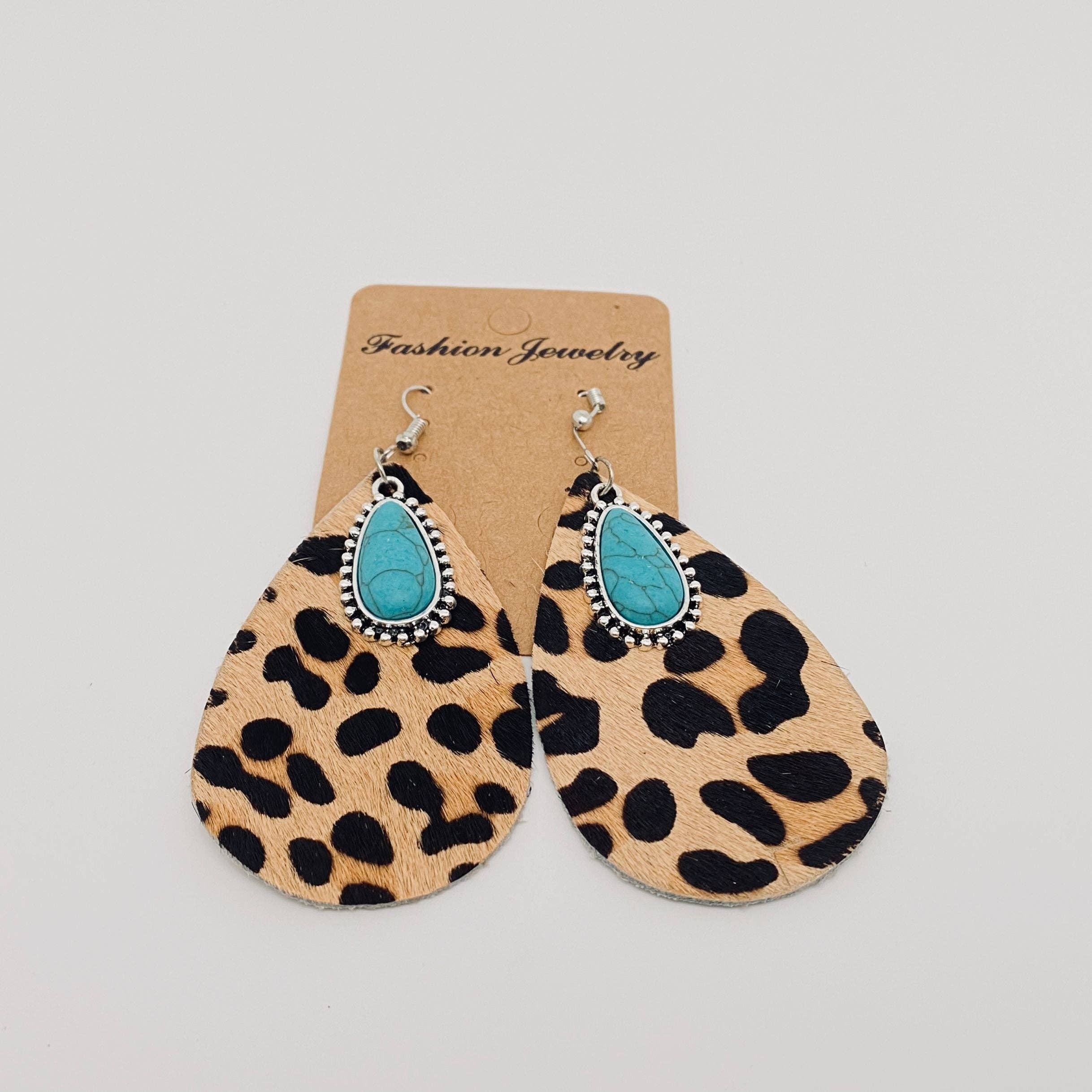 Mio Queena - Wholesale Dangle Earrings - Western Leopard Print Cowhide Earrings Turquoise Pendant -WJ3