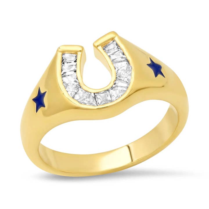 Horseshoe Signet Ring with Baguette CZ and Star Enamel ACC for wholesale by Tai Jewelry