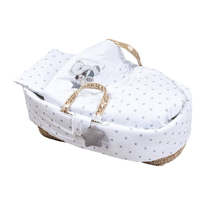 PICCI - Wholesale Bassinet - Baby - PALM MOSES BASKET with cover - VALDO WHITE GREY STARS