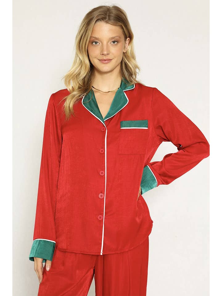 Red Textured Satin Holiday Pajama Set for wholesale on Faire