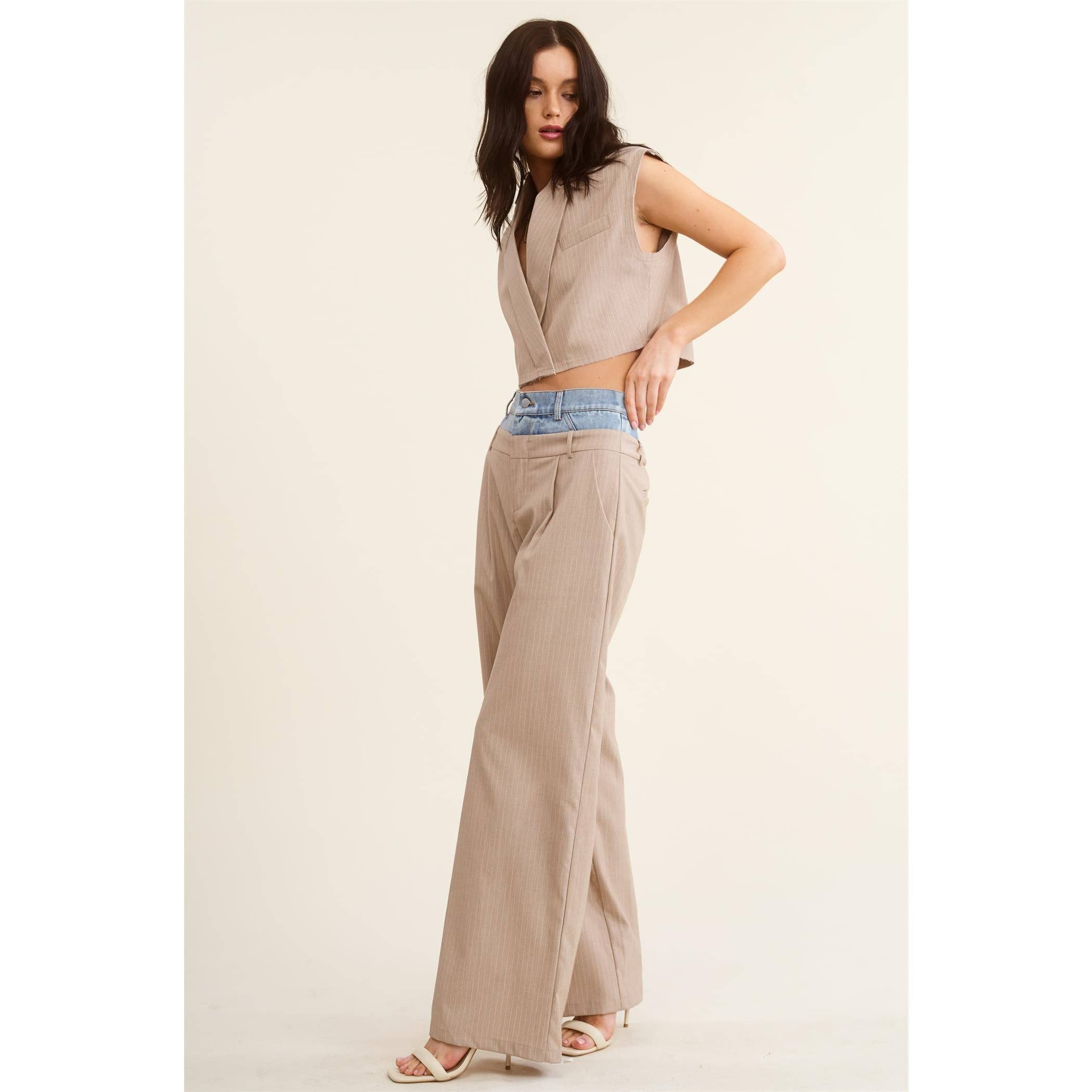 BEIGE Denim Waistband Contrast Stripe Wide Leg Trousers MB5057  for wholesale on Faire22