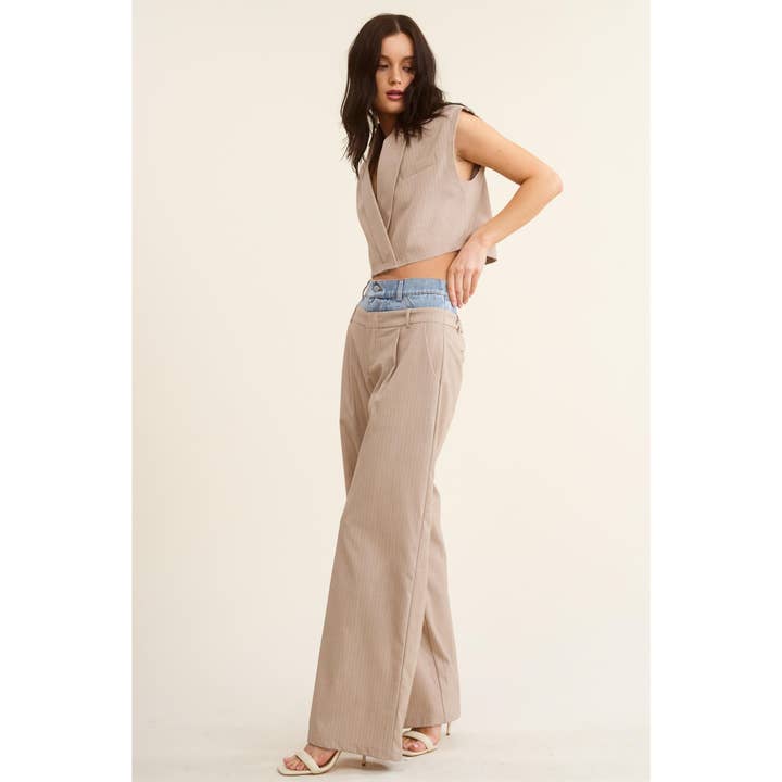 BEIGE Denim Waistband Contrast Stripe Wide Leg Trousers MB5057 for wholesale on Faire22