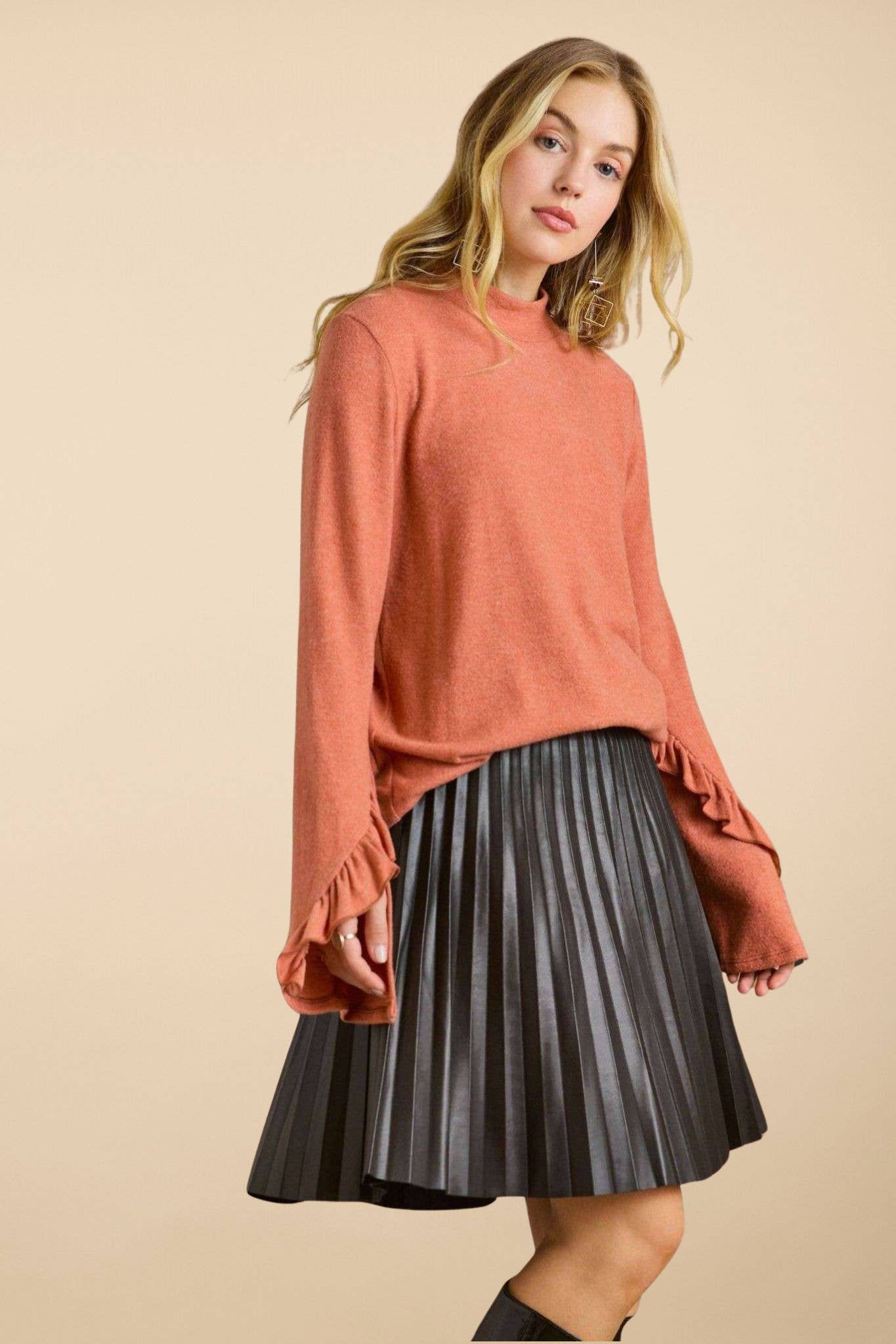 ADORA LA - Wholesale Tunic - Women's - MYT12499 -BRUSHED HACCI MOCK NECK RUFFLE TOP4