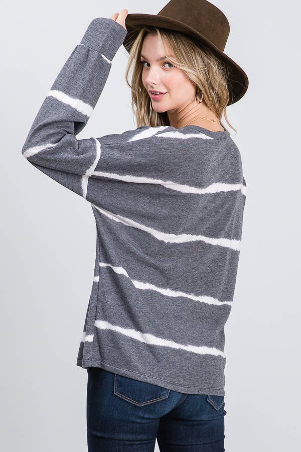 7th Ray – Engroshandel Strikket top - Dame – Stribet Tie Dye V-søm Drop Shoulder Langærmet Top T35651