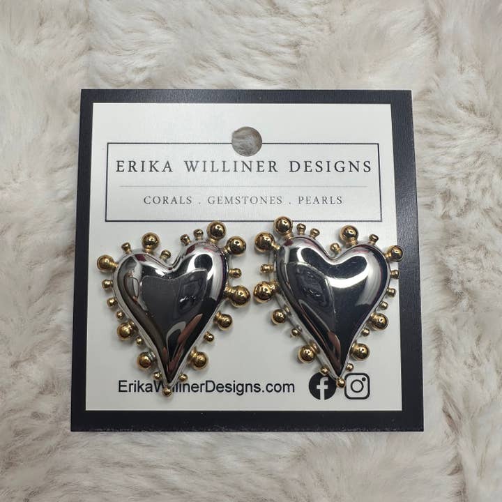 Silver Hearts with Gold Rivet Dots Earrings | Erika Williner Designs for wholesale by Erika Williner Designs