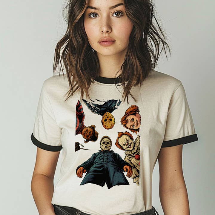 Horror Icons Looking Down Scary Halloween Ringer Shirt for wholesale by House Of Rodan