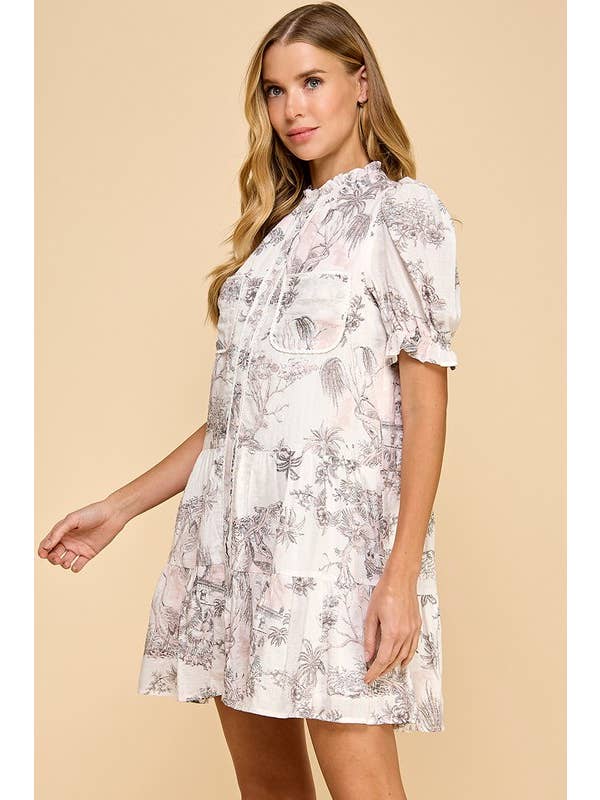 BLUSH CD05131-Pink Toile Printed Button Up Dress for wholesale on Faire