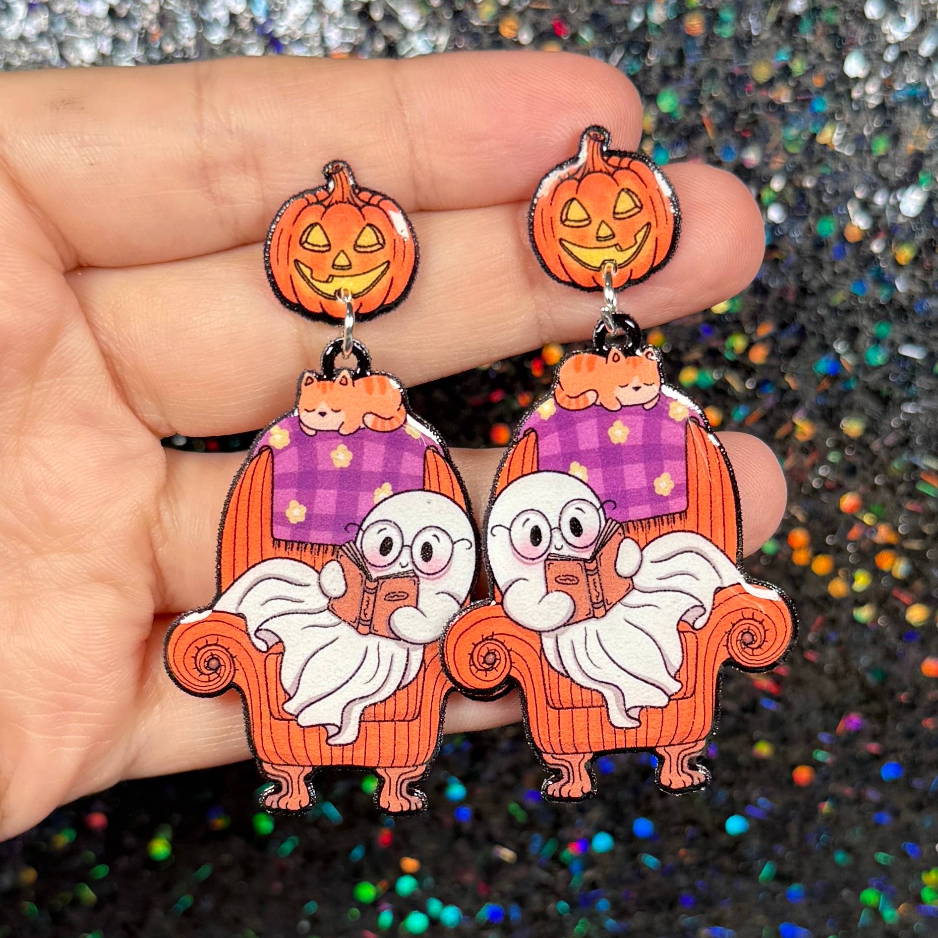 Sea Pixie Designs - Wholesale Dangle Earrings - Ghost Reading Books Halloween Dangle Earrings, Spooky & Cute1