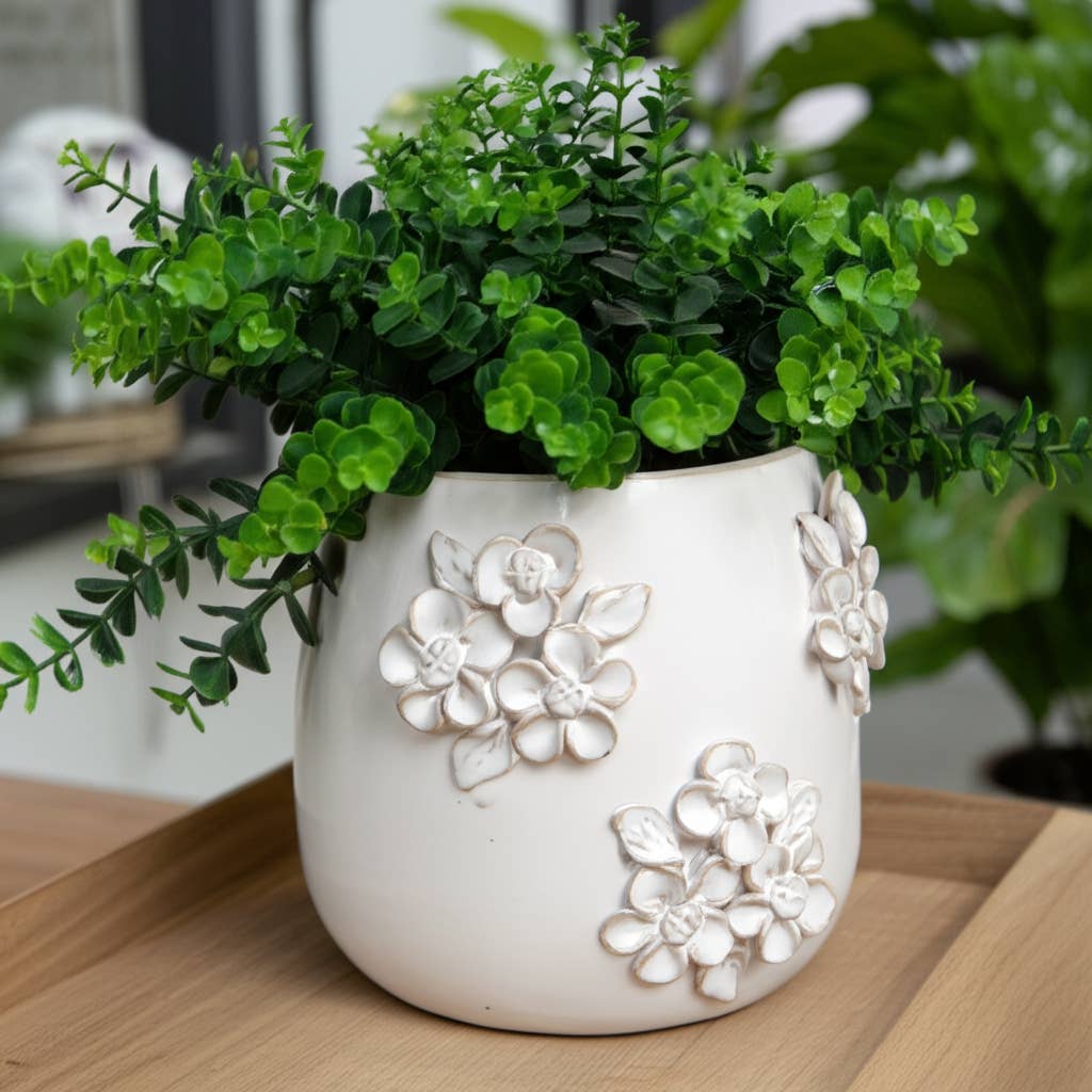 Sagebrook Home - Wholesale Plant Pot - Ceramic Flower Bunches Applique Planter - Ivory, 6 in.1