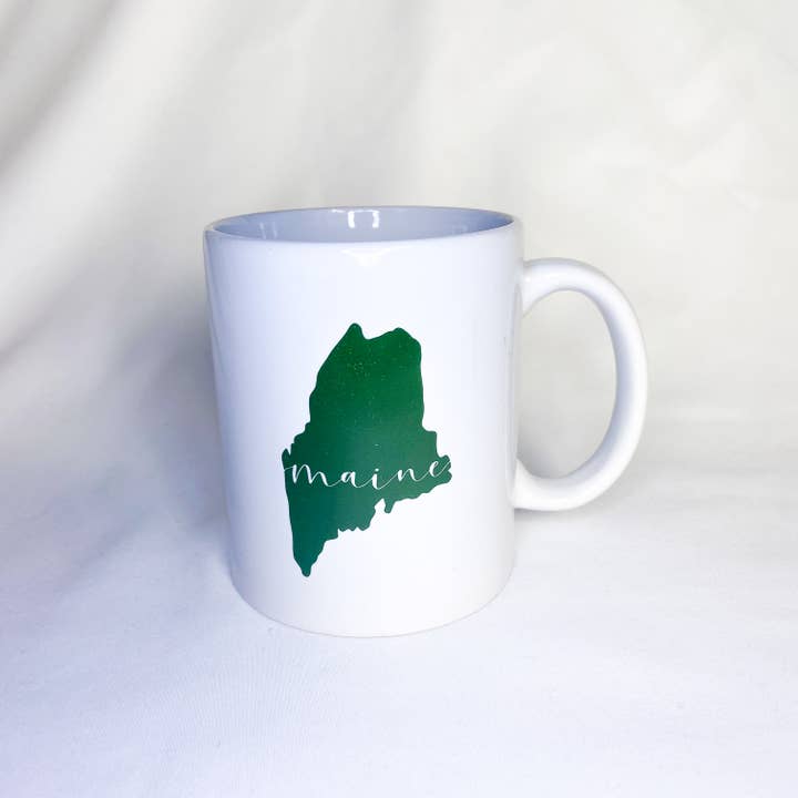 Maine State Mug, Outline, 11 oz, White for wholesale by Hemlock Ridge Designs