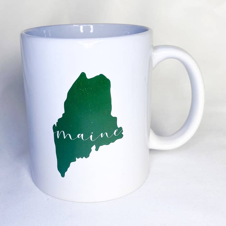 Maine State Mug, Outline, 11 oz, White for wholesale by Hemlock Ridge Designs