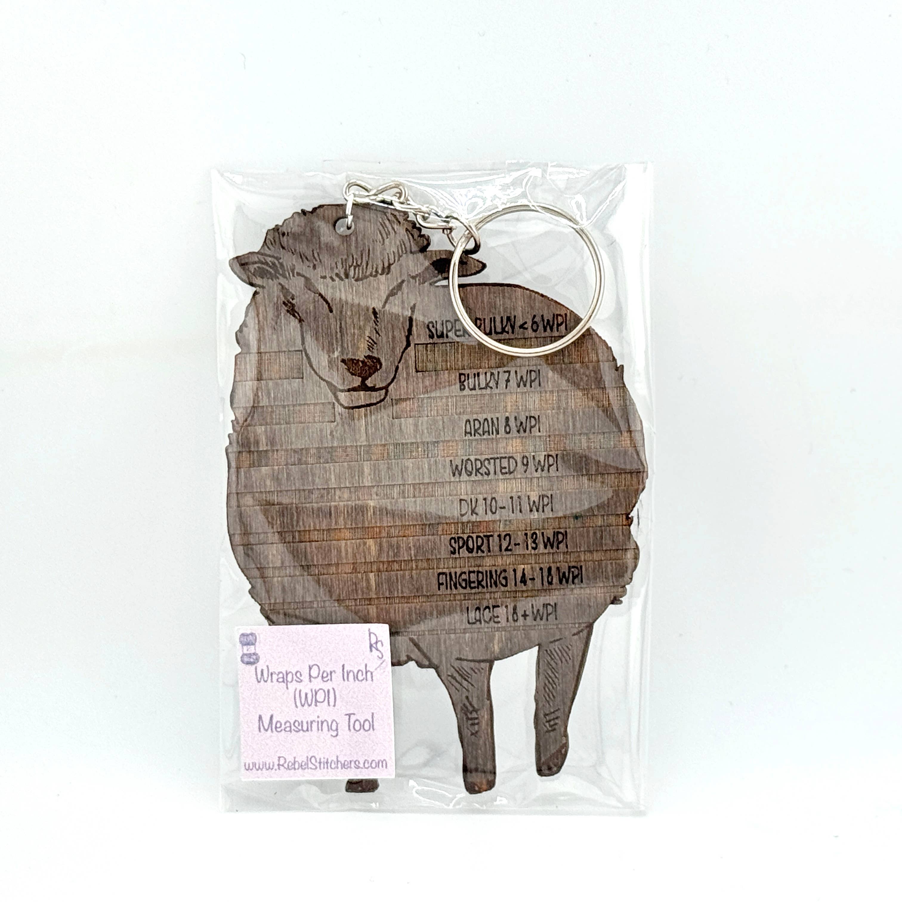 Art by Erica H & Rebel Stitchers - Wholesale Knitting/Crochet Supplies - Sheep Sketch Yarn Weight Gauge Wooden Keychain 2.5 x 3.8"4