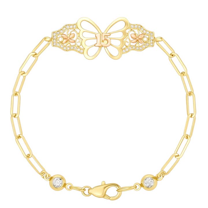14K Yellow Gold CZ Tricolor Butterfly Quinceañera Paperclip Bracelet - 8" (5.3 GRAMS) for wholesale by Atlanta Jewelers Supply
