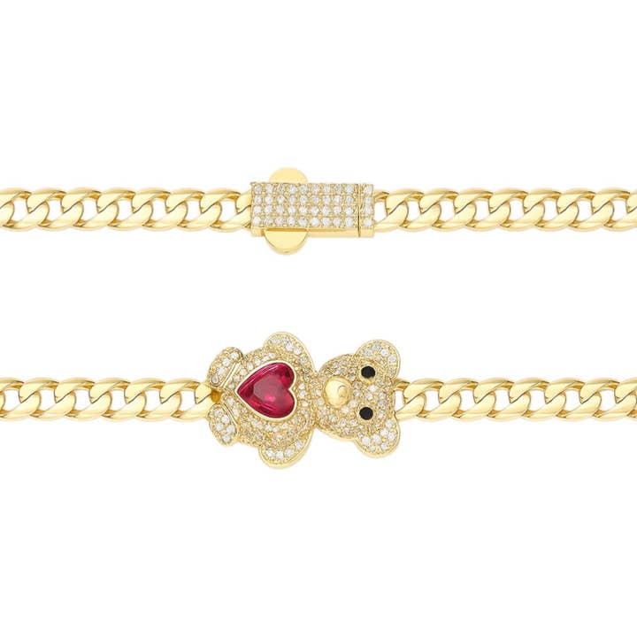 14K Yellow Gold CZ Teddy Bear W/ Pink Heart Miami Cuban Bracelet - 8" (8.7 GRAMS) for wholesale by Atlanta Jewelers Supply