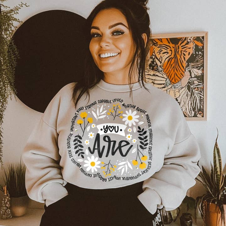 STRONG N FREE CDN - Wholesale Graphic Sweatshirt - Unisex - T-Shirt Sweatshirt Hoodie You Are Worthy Floral Motivational Print
