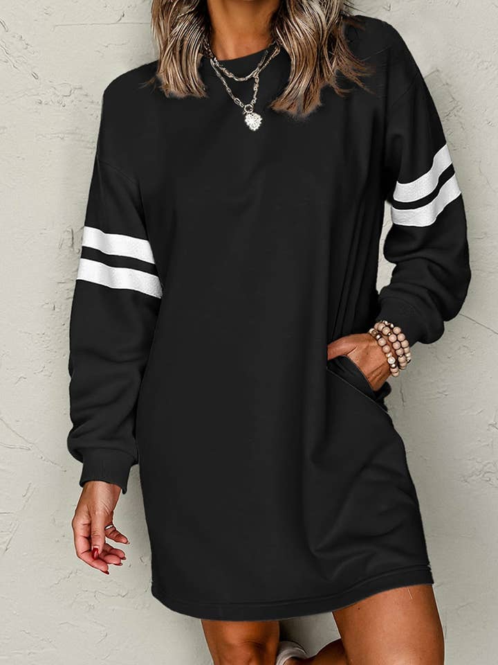 Black Varsity Contrast Banded Sleeve Shift Sweatshirt Dress for wholesale by Molly & Me Boutique