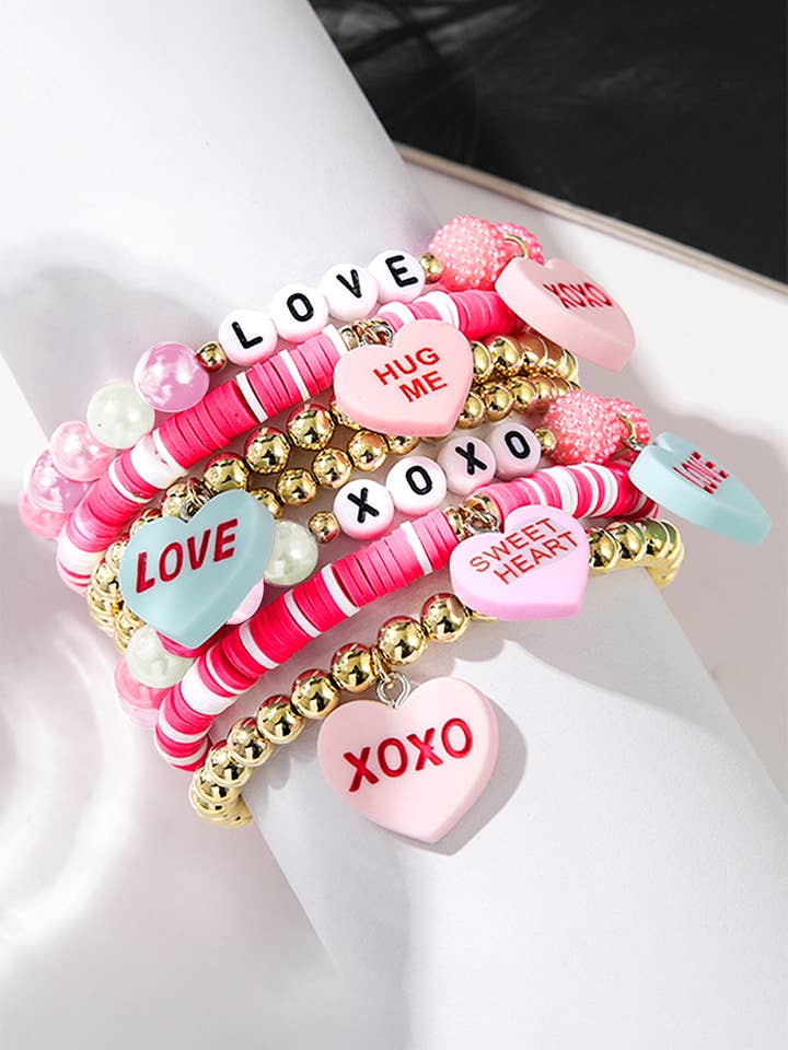 Valentine Heart Pendant Beaded Elastic Bracelet Set for wholesale by fashionworks