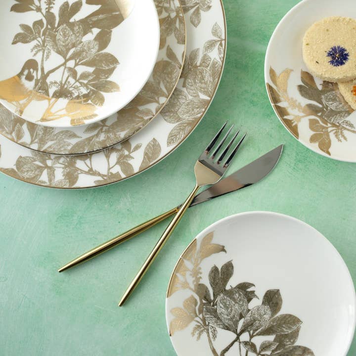 Caskata - Wholesale Dinner Plate - Gold Arbor Birds Small Plates, Set of 42